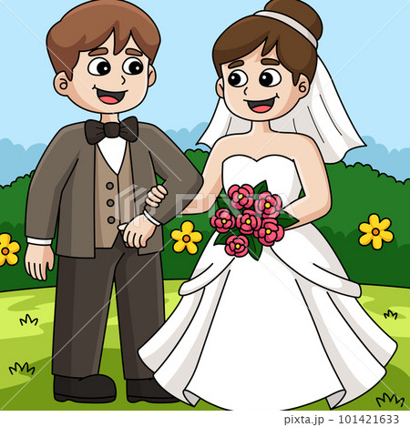 Wedding Groom And Bride Colored Cartoon  101421633