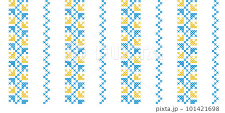 Ukrainian vector seamless fashion pattern. Decoration in blue and yellow color. Ukrainian vertical stripes fashion pattern. Pixel art, vyshyvanka, cross stitch 101421698