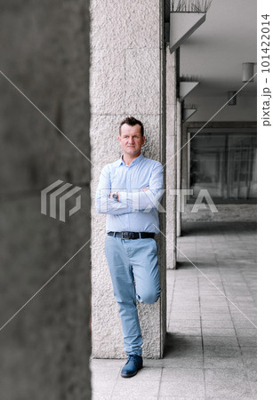 Confident business man standing in the city, looking and dreaming of future business success. Business vision. Leadership and successful conceptual strategy Confident business man standing in the city, looking and dreaming of future business success. Business vision. Leadership and successful conceptual strategy 101422014