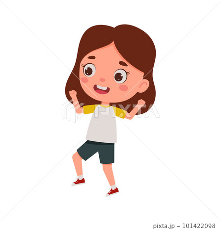 Cute little kid happy girl jump. Cartoon schoolgirl character show facial expression. Vector illustration 101422098