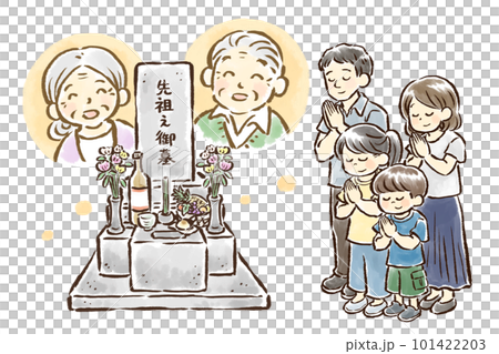 A hand-drawn illustration of a family of four putting their hands together at the grave of their ancestors Obon, visiting the grave 101422203