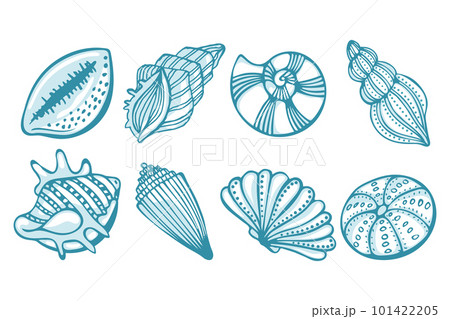 Set of hand painted sea shells. Illustration of blue seashells on a white background, marine background, vector 101422205