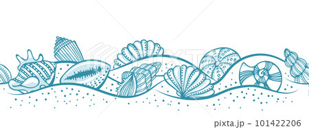 Hand drawn sea shells in the sand, seamless pattern, border. Illustration of blue seashells on a white background, marine background, vector Hand drawn sea shells in the sand, seamless pattern, border. Illustration of blue seashells on a white background, marine background, vector 101422206