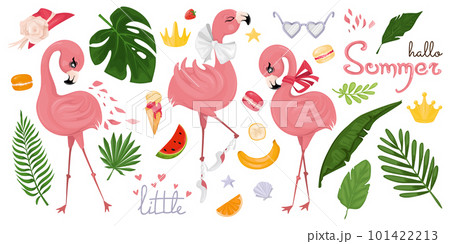 Summer tropical set with cute flamingos. Summer tropical set with cute flamingos. 101422213