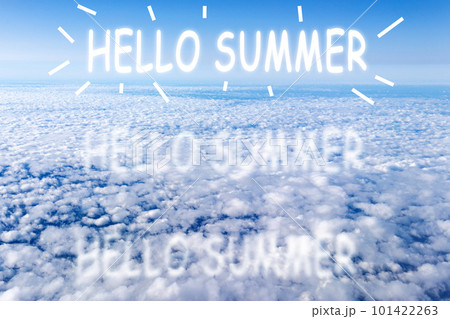 View of a cloud with a blue sky from the window. Hello Summer text 101422263