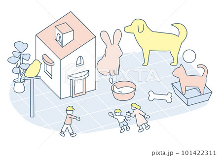 ペットとの楽しい生活。犬や猫、鳥などの家族。 101422311