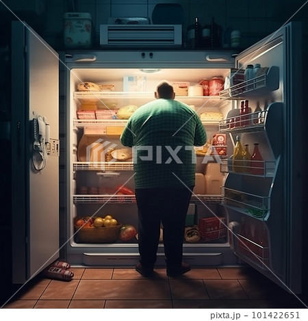 fat man takes out food from the refrigerator at night, the concept of proper nutrition and a healthy lifestyle, fat man takes out food from the refrigerator at night, the concept of proper nutrition and a healthy lifestyle, 101422651