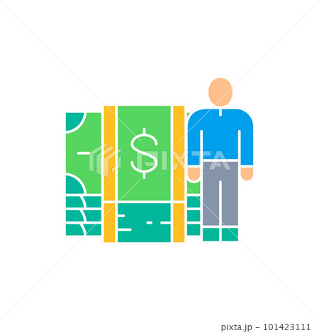 Man with pile of money banknotes white outline icon. Cash payment, paper bill, dollar symbol design. 101423111