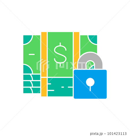 Pile of money banknotes with lock, secure payments white outline icon. Cash payment, paper bill, dollar symbol design. Pile of money banknotes with lock, secure payments white outline icon. Cash payment, paper bill, dollar symbol design. 101423113