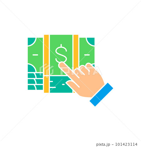 Finger click on pile of money banknotes, choice of money for payment white outline icon. Cash payment, paper bill, dollar symbol design. 101423114