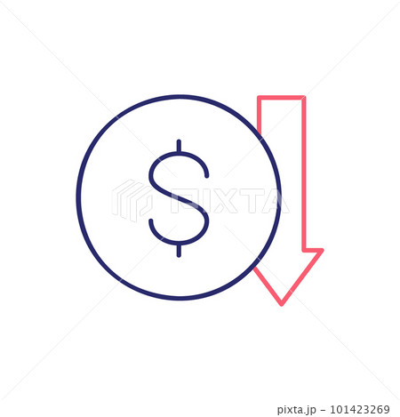 Coin with down arrow, money interest rate reduction outline color icon. Finance, payment, invest finance symbol design. 101423269
