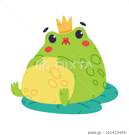 Cute Fat Green Frog or Toad Character with Crown Sitting on Lily Pad Vector Illustration 101423404