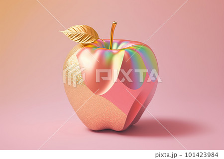 Gold and pink apple on pink pastel background. Pop art modern style, Generative AI 101423984