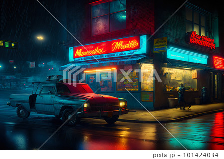 Cyberpunk styled cafe on the street corner with neon lights. Futuristic fast food restaurant with fake neon signs. Generative AI. 101424034