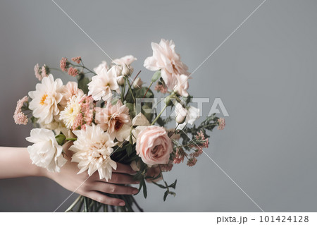 Female hand holds beautiful bouquet of dahlias and chrysanthemums. Mothers day, holiday decor, Flower delivery concept. Generative AI illustration Female hand holds beautiful bouquet of dahlias and chrysanthemums. Mothers day, holiday decor, Flower delivery concept. Generative AI illustration 101424128