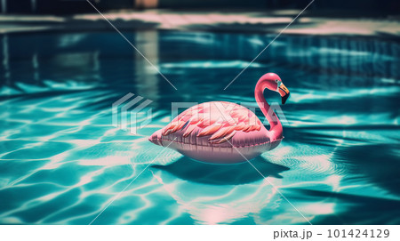Pink flamingo pool float floating in a refreshing blue swimming pool in tropical resort. Generative AI illustration Pink flamingo pool float floating in a refreshing blue swimming pool in tropical resort. Generative AI illustration 101424129