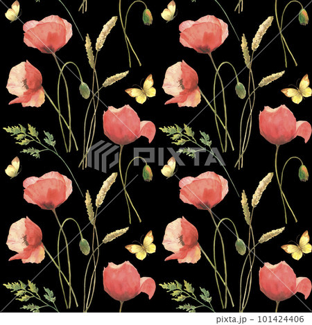 Watercolor pattern with poppies, field herbs and butterflies, isolated on black background. Perfect for textiles, wrapping paper 101424406
