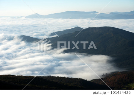 Amazing flowing morning fog in summer mountains Amazing flowing morning fog in summer mountains 101424426