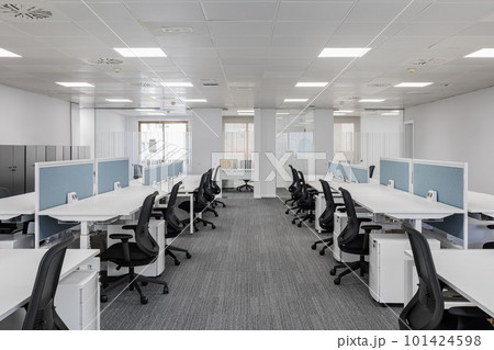 Spacious empty office in gray colors with comfortable office furniture without equipment with private areas for comfortable work of employees. Concept of a modern corporate space in a coworking center 101424598