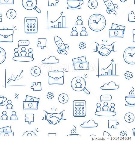 Business job icon doodle seamless pattern background. Business teamwork, office, career concept doodle line sketch style pattern with money, rocket, calculator element. Vector 101424634