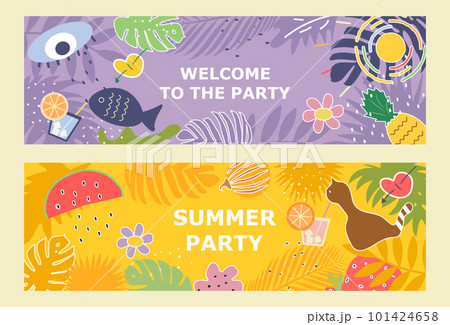 Set of vector banners for a summer beach party with fruits and cocktails .Summer party poster in a flat style. Vector 101424658