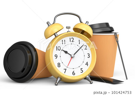 Vintage alarm clock with paper coffee cup on white background. Vintage alarm clock with paper coffee cup on white background. 101424753