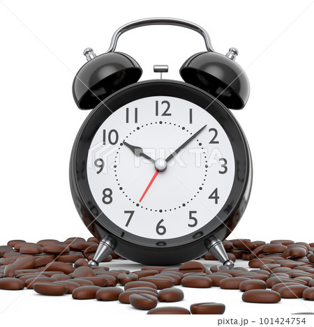Vintage alarm clock with roasted coffee beans spread out on white background. Vintage alarm clock with roasted coffee beans spread out on white background. 101424754