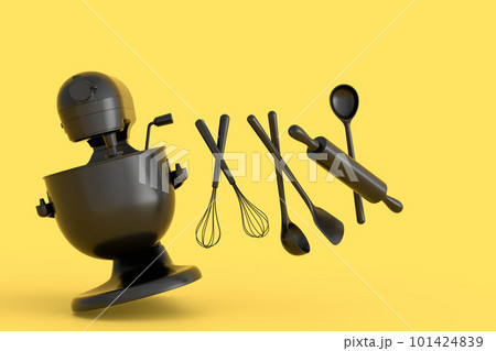 Mixer and bowl with kitchen utensil for preparation of dough on monochrome 101424839