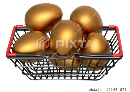Luxury gold eggs in metal basket or paper cardboard for morning breakfast Luxury gold eggs in metal basket or paper cardboard for morning breakfast 101424871