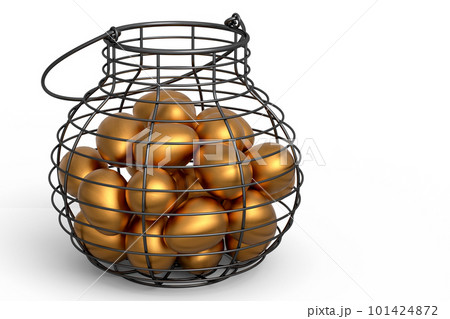 Luxury gold eggs in metal basket or paper cardboard for morning breakfast 101424872