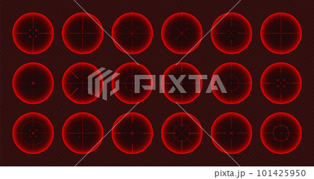 Various weapon thermal infrared sights, sniper rifle optical scopes. Hunting gun viewfinder with crosshair. Aim, shooting mark symbol. Military target sign. Game UI element. Vector illustration Various weapon thermal infrared sights, sniper rifle optical scopes. Hunting gun viewfinder with crosshair. Aim, shooting mark symbol. Military target sign. Game UI element. Vector illustration 101425950