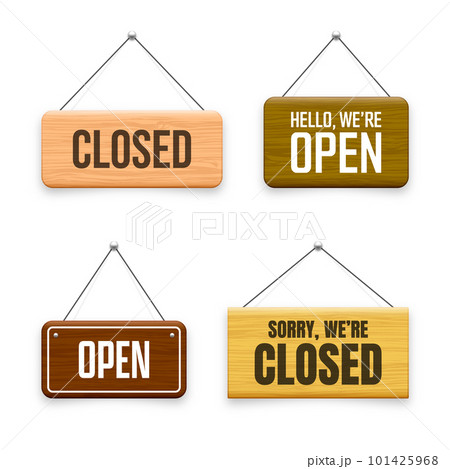 Wooden open or closed hanging signboards. Made of wood door sign for cafe, restaurant, bar or retail store. Announcement banner, information signage for business or service. Vector illustration Wooden open or closed hanging signboards. Made of wood door sign for cafe, restaurant, bar or retail store. Announcement banner, information signage for business or service. Vector illustration 101425968