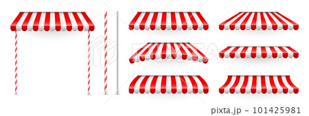 Red shop sunshade with stand holders. Realistic striped cafe awning. Outdoor market tent. Roof canopy. Summer street store. Vector illustration Red shop sunshade with stand holders. Realistic striped cafe awning. Outdoor market tent. Roof canopy. Summer street store. Vector illustration 101425981