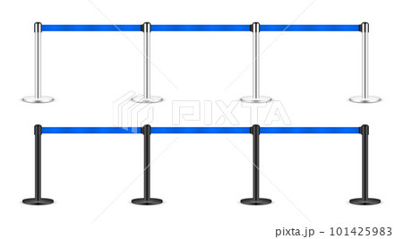 Realistic blue retractable belt stanchion. Crowd control barrier posts with caution strap. Queue lines. Restriction border and danger tape. Attention, warning sign. Vector illustration 101425983