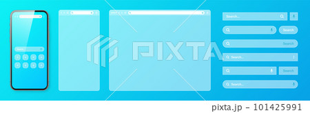 Smartphone, transparent internet browser window with various search bar templates. Web site engine with search box, address bar and text field. Website UI interface elements. Vector illustration 101425991