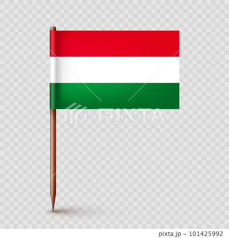 Realistic Hungarian toothpick flag. Souvenir from Hungary. Wooden toothpick with paper flag. Location mark, map pointer. Blank mockup for advertising and promotions. Vector illustration 101425992