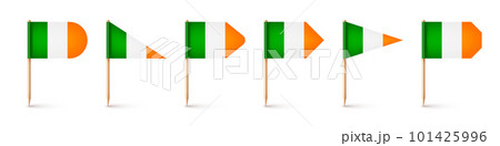 Realistic various Irish toothpick flags. Souvenir from Ireland. Wooden toothpicks with paper flag. Location mark, map pointer. Blank mockup for advertising and promotions. Vector illustration 101425996