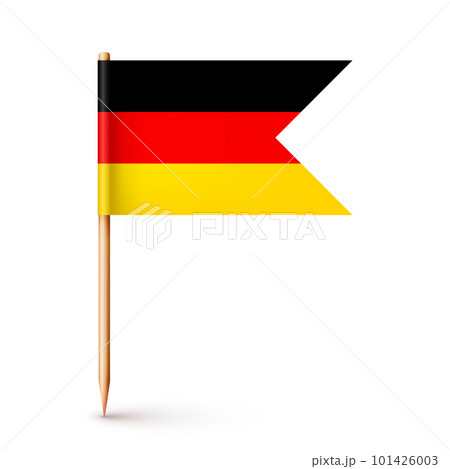 Realistic German toothpick flag. Souvenir from Germany. Wooden toothpick with paper flag. Location mark, map pointer. Blank mockup for advertising and promotions. Vector illustration 101426003