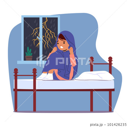 Child Character Sits In Bedroom under Blanket, Fearful During A Storm. Lightning Illuminates The Room 101426235