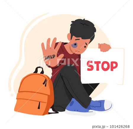 Young Boy Character with Signs of Beatings on Face Holds Banner With Word Stop, Fight Against Domestic Violence Young Boy Character with Signs of Beatings on Face Holds Banner With Word Stop, Fight Against Domestic Violence 101426268
