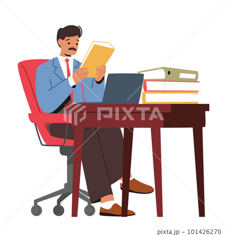 Busy Man Character Seated At An Office Desk Surrounded By Papers, Using A Computer. Daily Routine Of Working In Office Busy Man Character Seated At An Office Desk Surrounded By Papers, Using A Computer. Daily Routine Of Working In Office 101426270