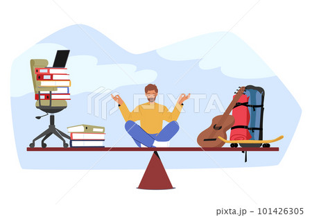 Man Character Meditate On Balance Scale Between Hobby And Career, Contemplating Trade-off Between Passion or Profession 101426305