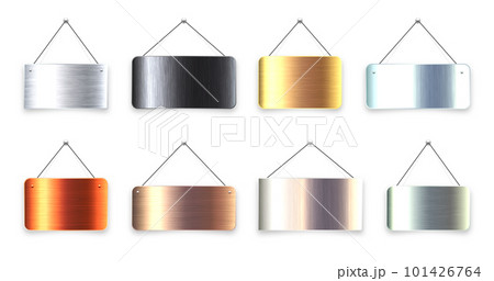 Brushed metal blank hanging signboards. Vintage door sign for cafe, restaurant, bar or retail store. Announcement banner, information signage for business or service. Vector illustration 101426764
