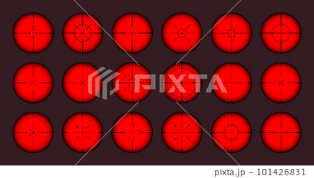 Various weapon thermal infrared sights, sniper rifle optical scopes. Hunting gun viewfinder with crosshair. Aim, shooting mark symbol. Military target sign. Game UI element. Vector illustration Various weapon thermal infrared sights, sniper rifle optical scopes. Hunting gun viewfinder with crosshair. Aim, shooting mark symbol. Military target sign. Game UI element. Vector illustration 101426831