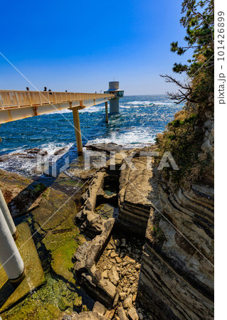 千葉県　勝浦市　青い海の中に立つ勝浦海中展望塔（展望塔へと続く桟橋） 101426899