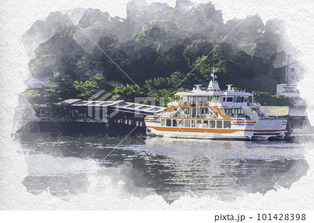 水彩画風　宮島　フェリー桟橋　みやじま丸　広島県廿日市市 101428398
