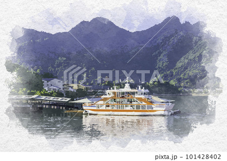 水彩画風　宮島　フェリー桟橋　みやじま丸　広島県廿日市市 101428402