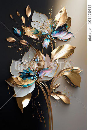 Abstract floral oil painting. Golden colorful blooms on dark background. Generative AI Abstract floral oil painting. Golden colorful blooms on dark background. Generative AI 101428415