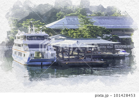水彩画風 宮島 フェリー桟橋 厳島 広島県廿日市市 水彩画風 宮島 フェリー桟橋 厳島 広島県廿日市市 101428453