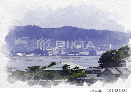水彩画風　宮島　宮島桟橋と廿日市市街地　広島県廿日市市 101428482